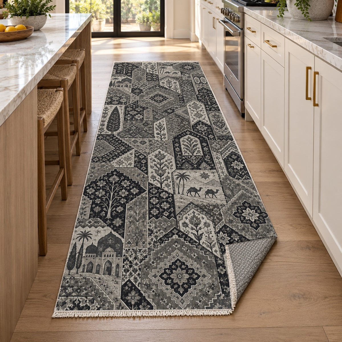 Spice Market Charcoal Ethnic Washable Rug — new york kitchen runner
