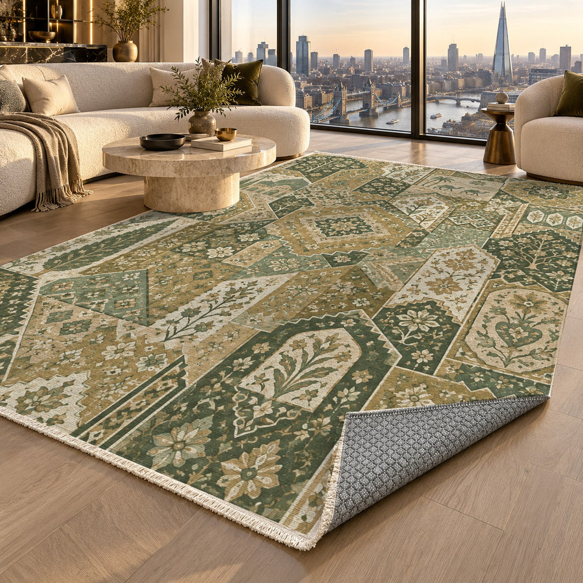 Spice Market Sage Ethnic Washable Rug — london luxury living