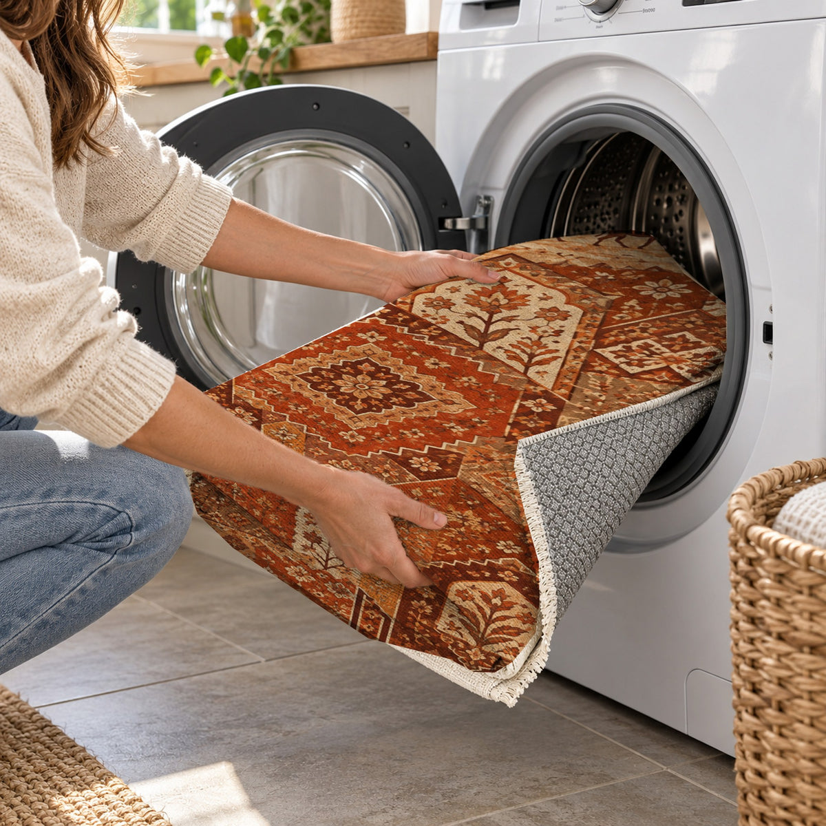 Spice Market Terracotta Ethnic Washable Rug — washing machine