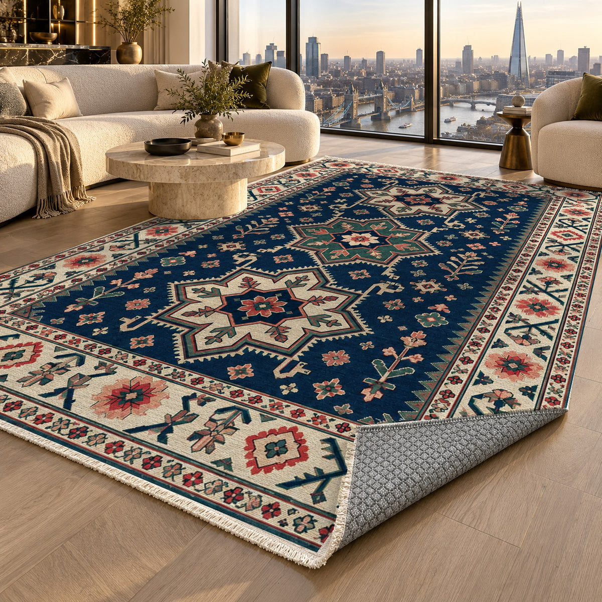 Star Procession Indigo Rose Ethnic Washable Rug — london luxury living