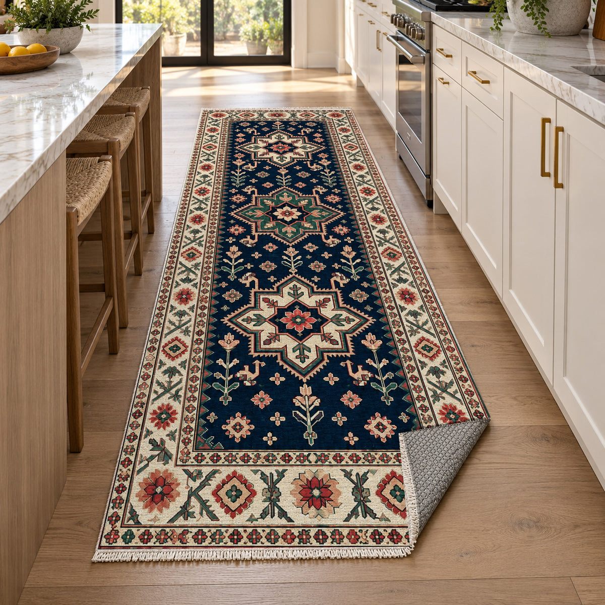 Star Procession Indigo Rose Ethnic Washable Rug — new york kitchen runner