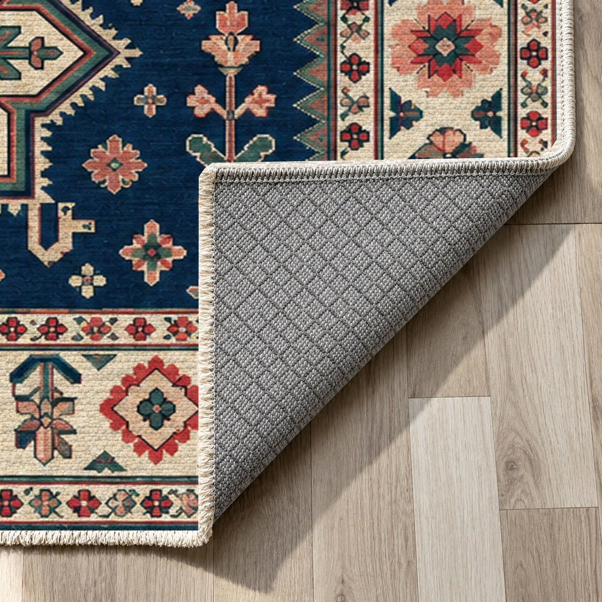 Star Procession Indigo Rose Ethnic Washable Rug — backing close up