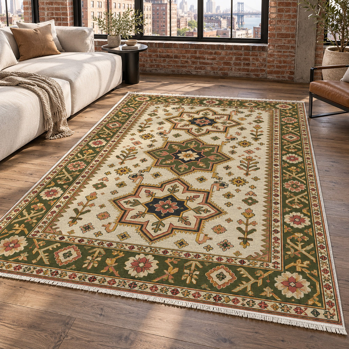 Star Procession Ivory Olive Ethnic Washable Rug — new york living