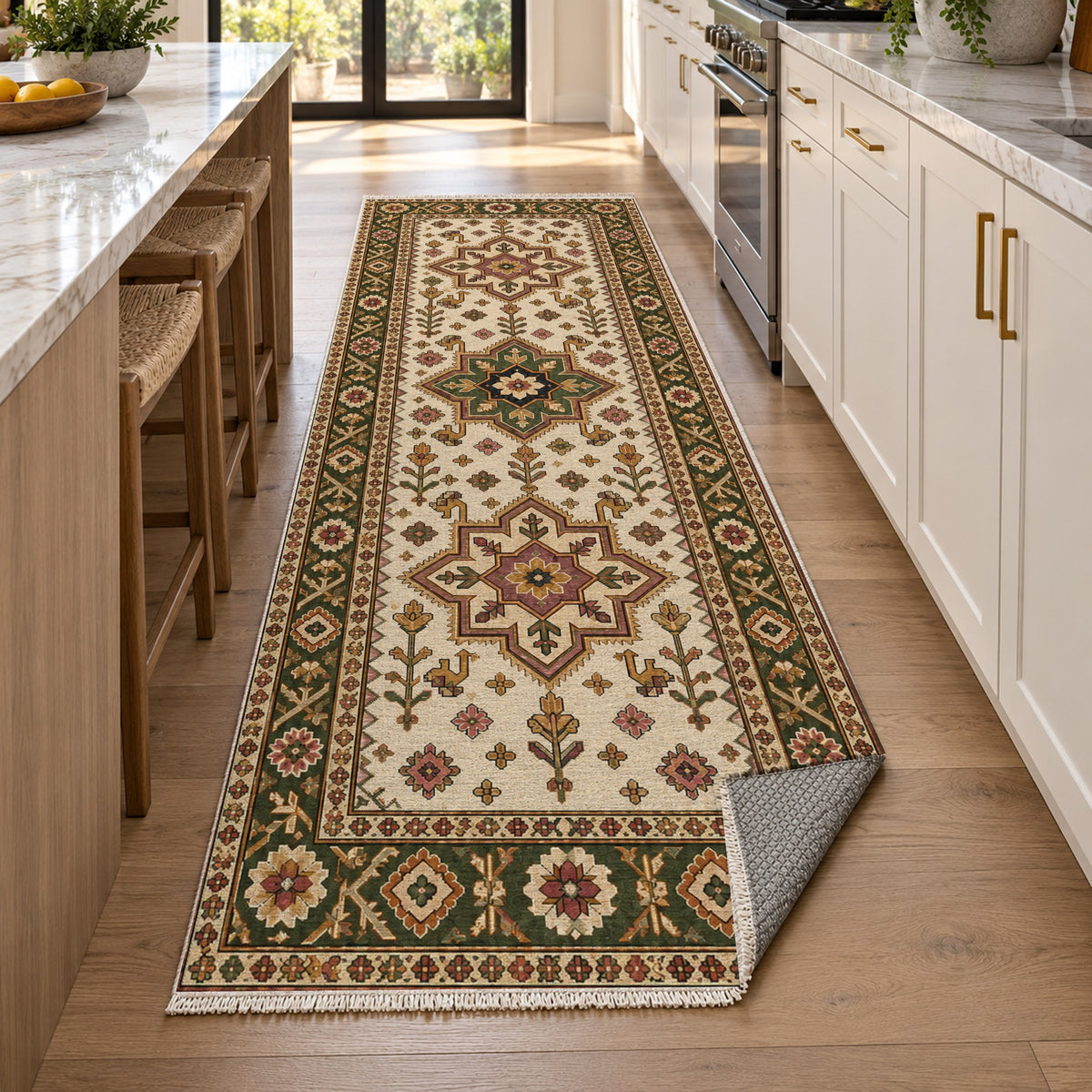 Star Procession Ivory Olive Ethnic Washable Rug — new york kitchen runner