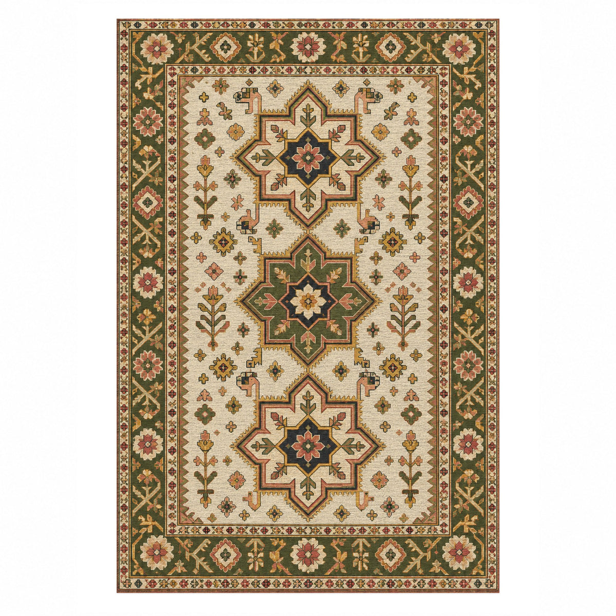 Star Procession Ivory Olive Ethnic Washable Rug — top view