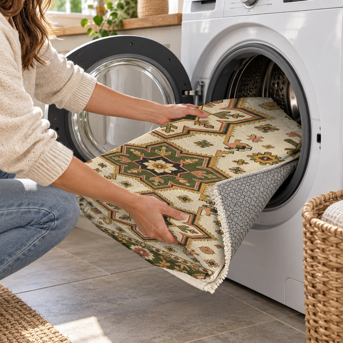Star Procession Ivory Olive Ethnic Washable Rug — washing machine