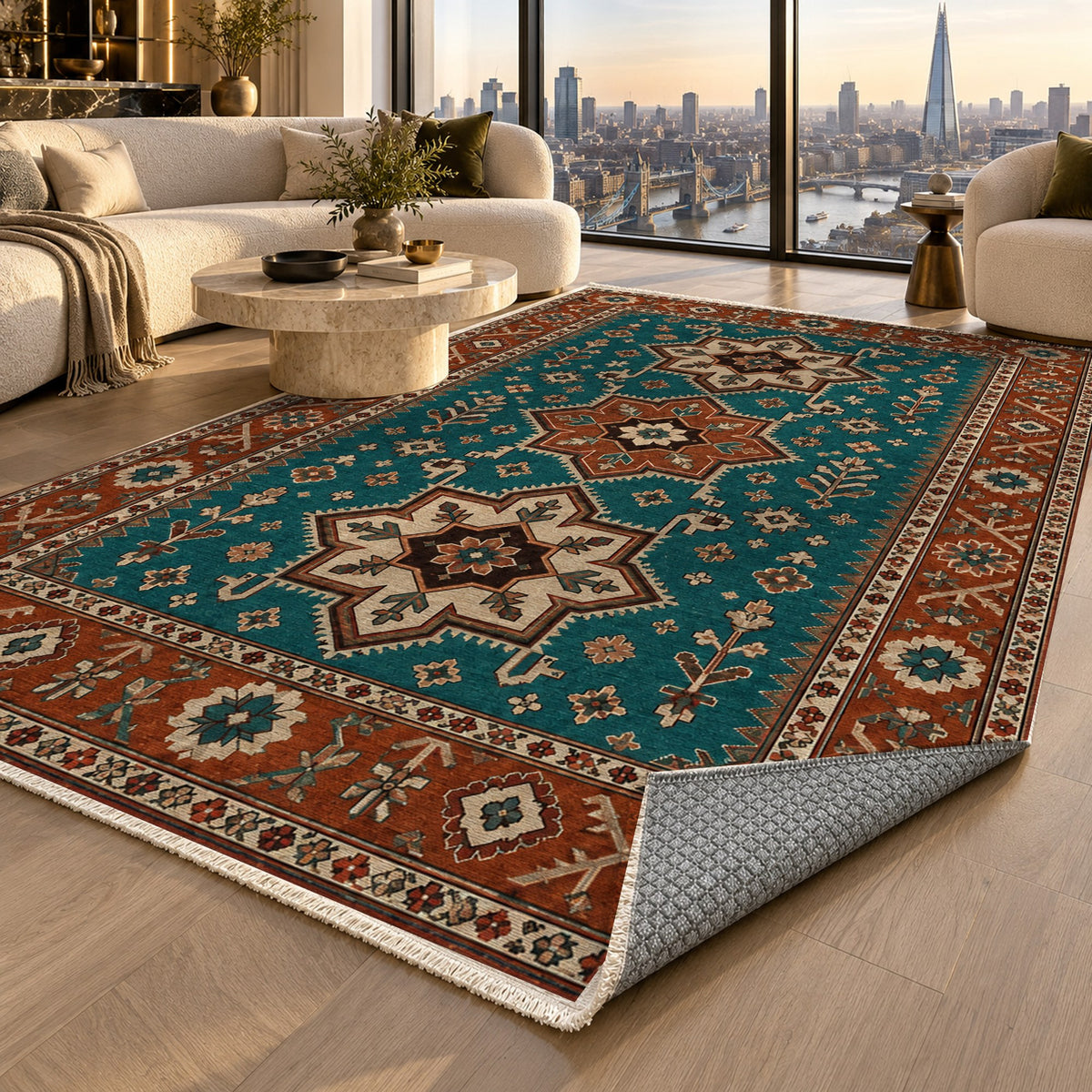 Star Procession Turquoise Copper Ethnic Washable Rug — london luxury living
