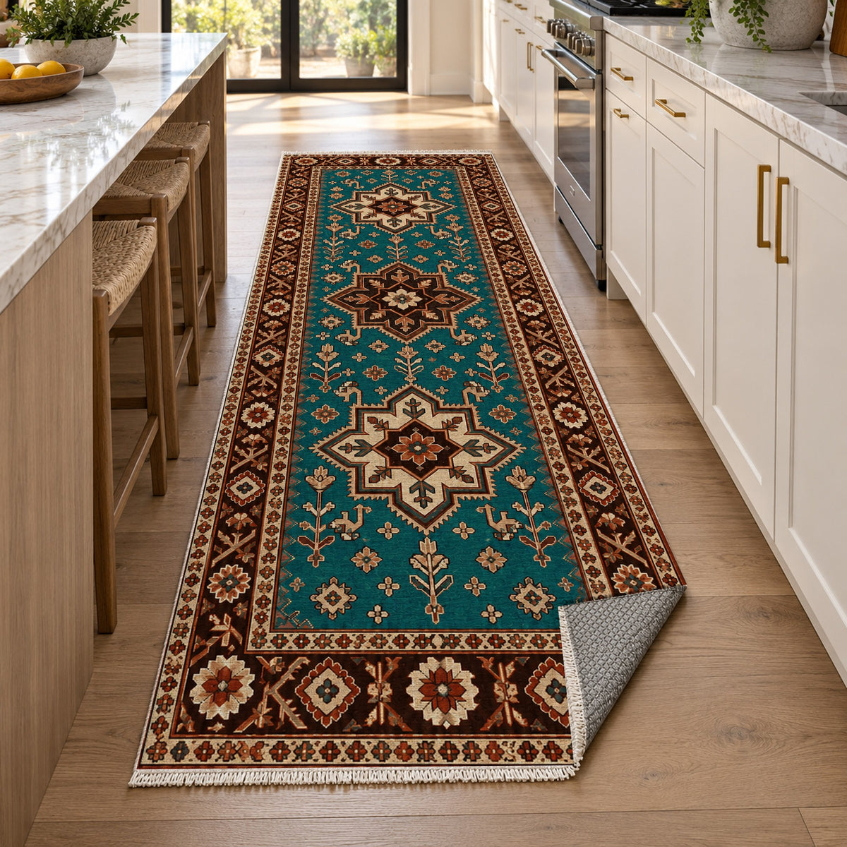Star Procession Turquoise Copper Ethnic Washable Rug — new york kitchen runner