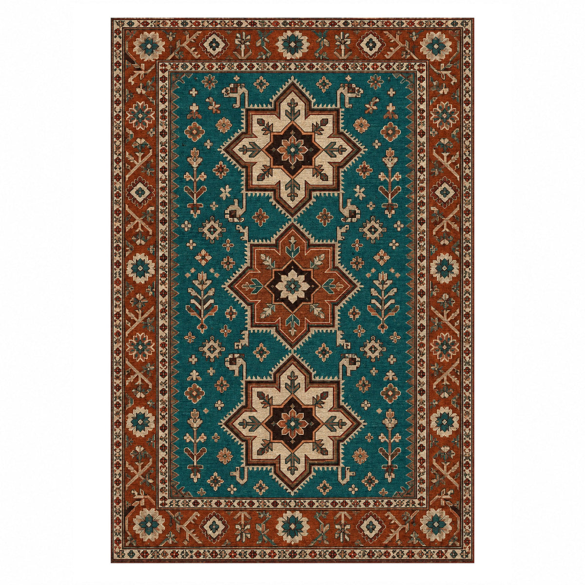 Star Procession Turquoise Copper Ethnic Washable Rug — top view