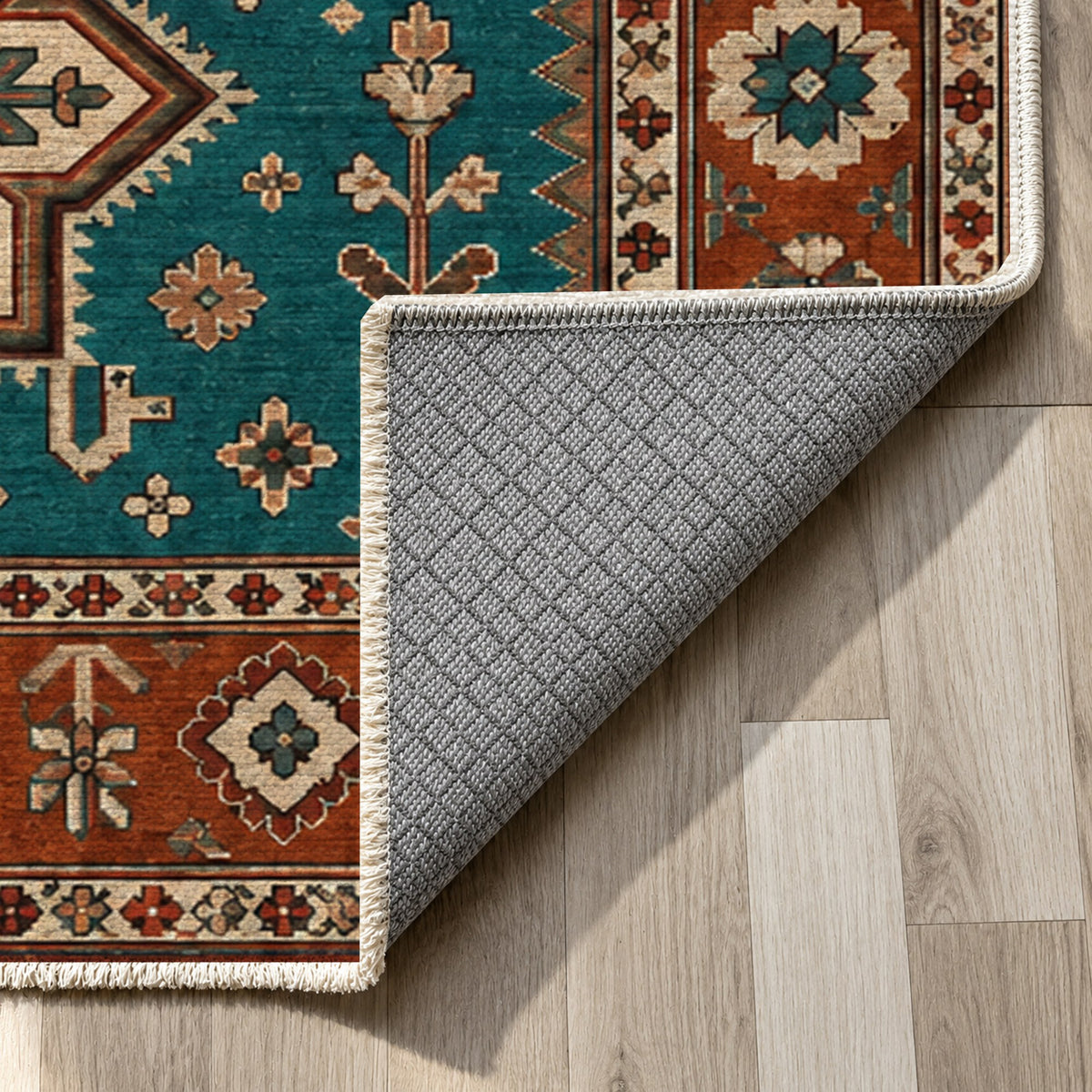Star Procession Turquoise Copper Ethnic Washable Rug — backing close up