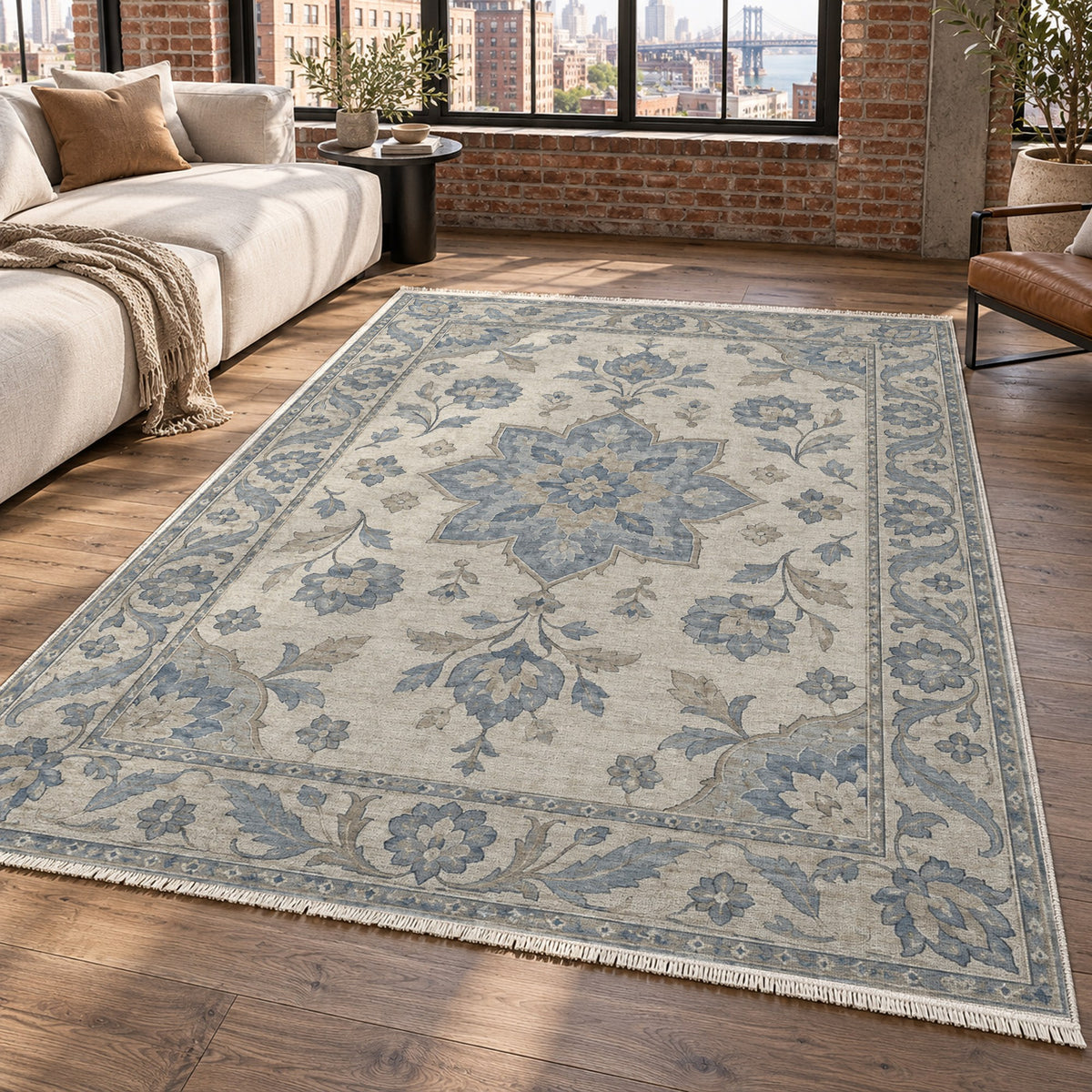 Starlight Ushak Blue Ivory Classic Washable Rug — new york living