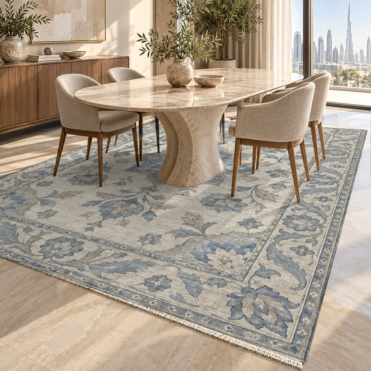 Starlight Ushak Blue Ivory Classic Washable Rug — dubai dining