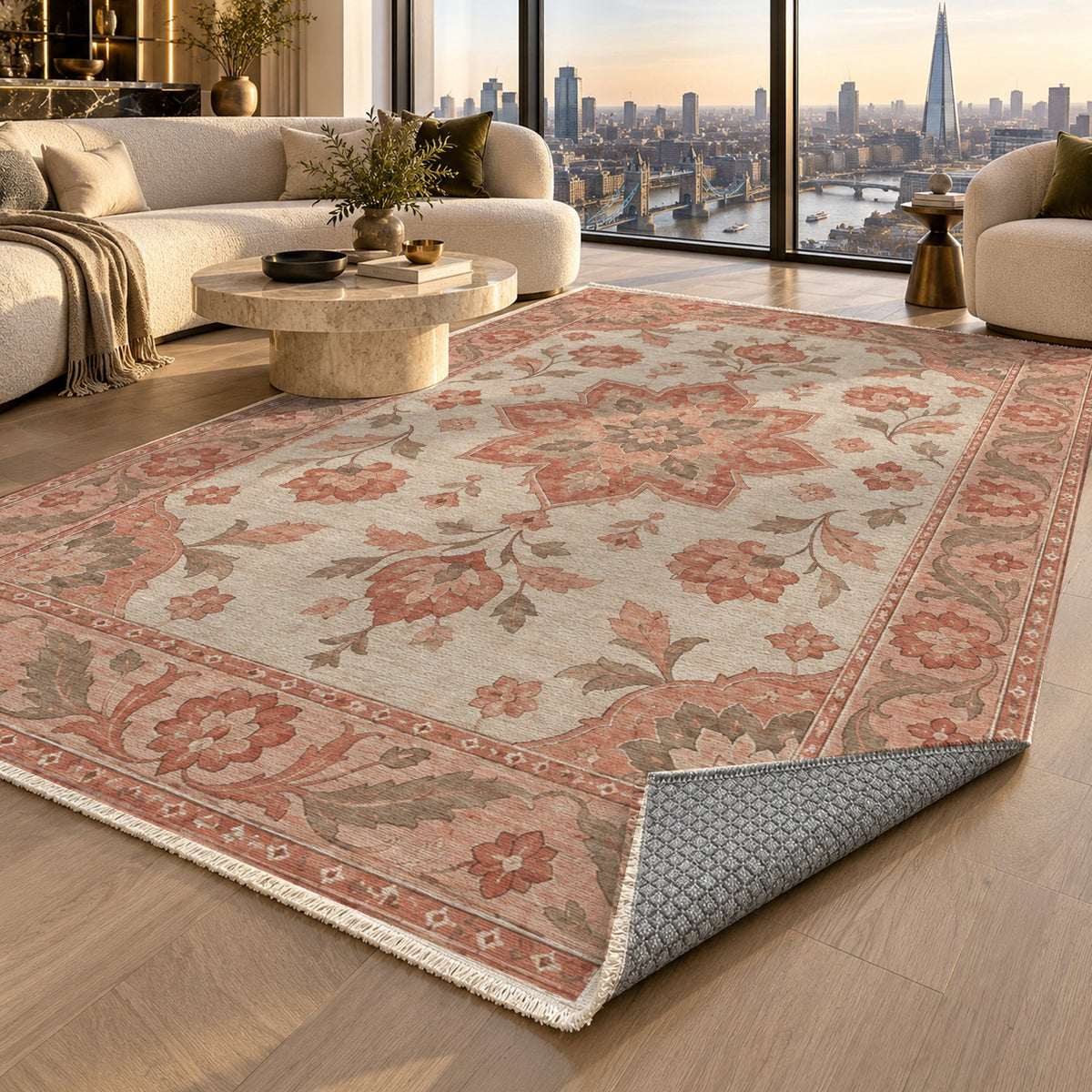 Starlight Ushak Coral Sand Classic Washable Rug — london luxury living