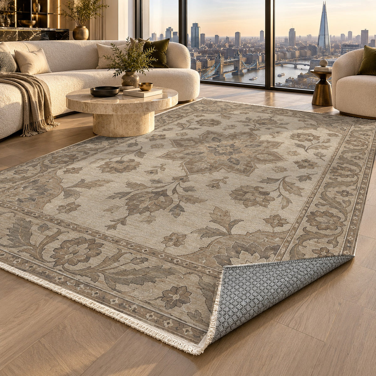 Starlight Ushak Ivory Taupe Classic Washable Rug — london luxury living