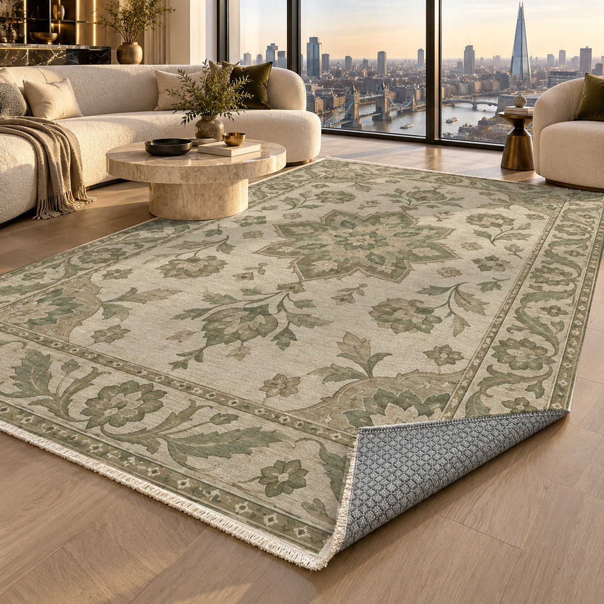 Starlight Ushak Sage Cream Classic Washable Rug — london luxury living