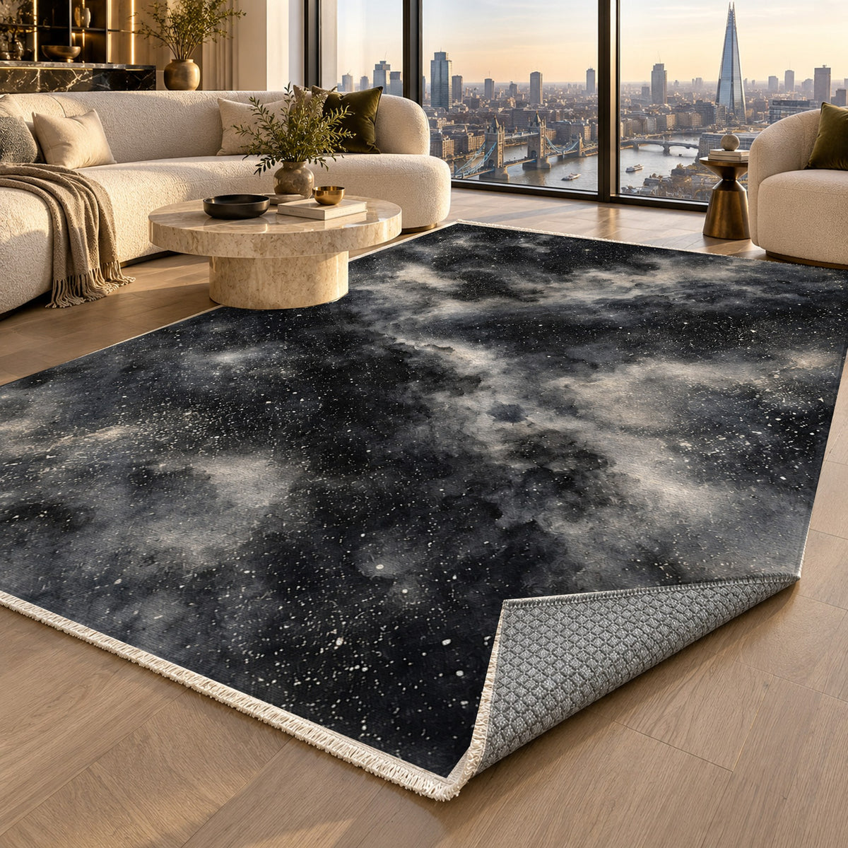 Stellar Dust Charcoal Abstract Washable Rug — london luxury living