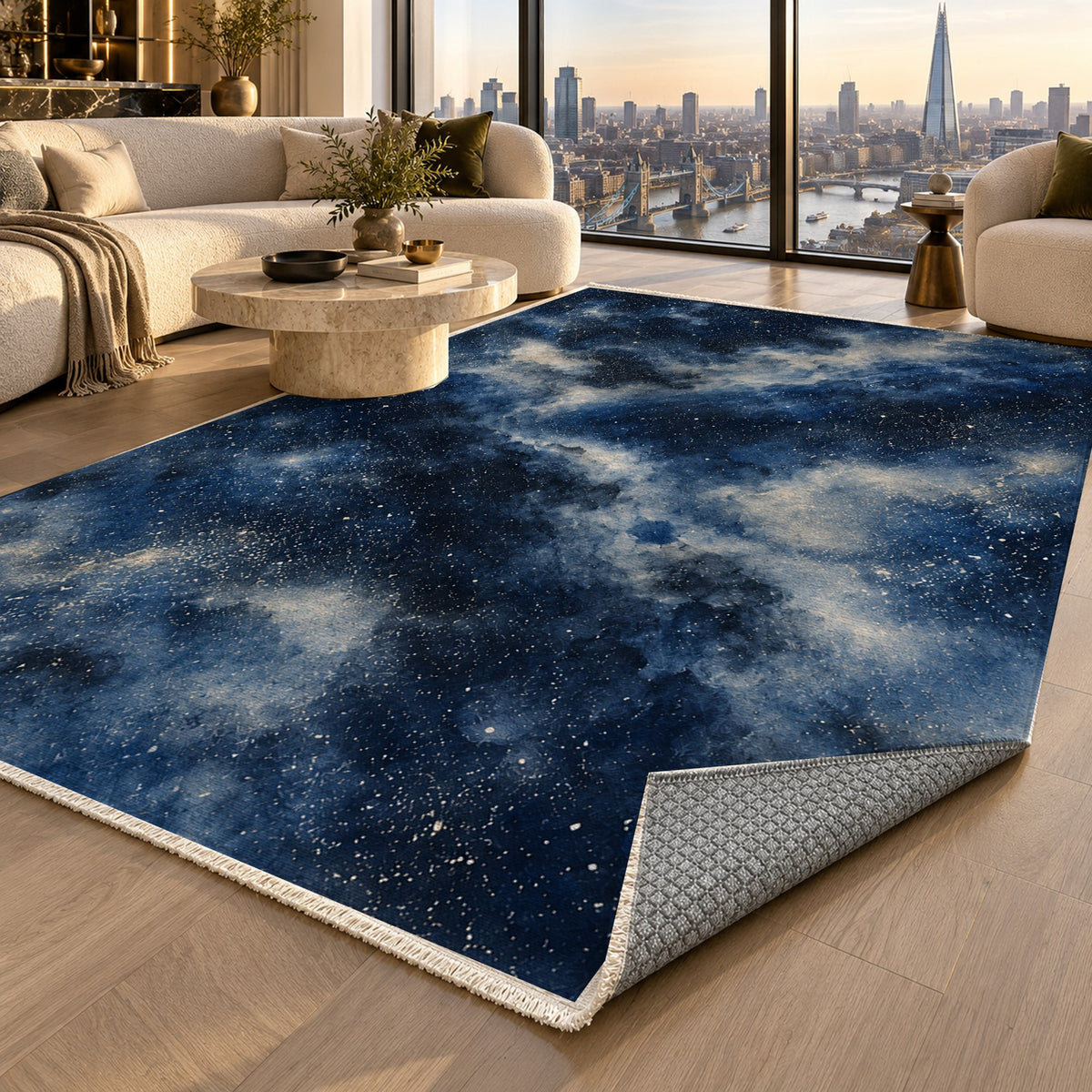 Stellar Dust Indigo Abstract Washable Rug — london luxury living