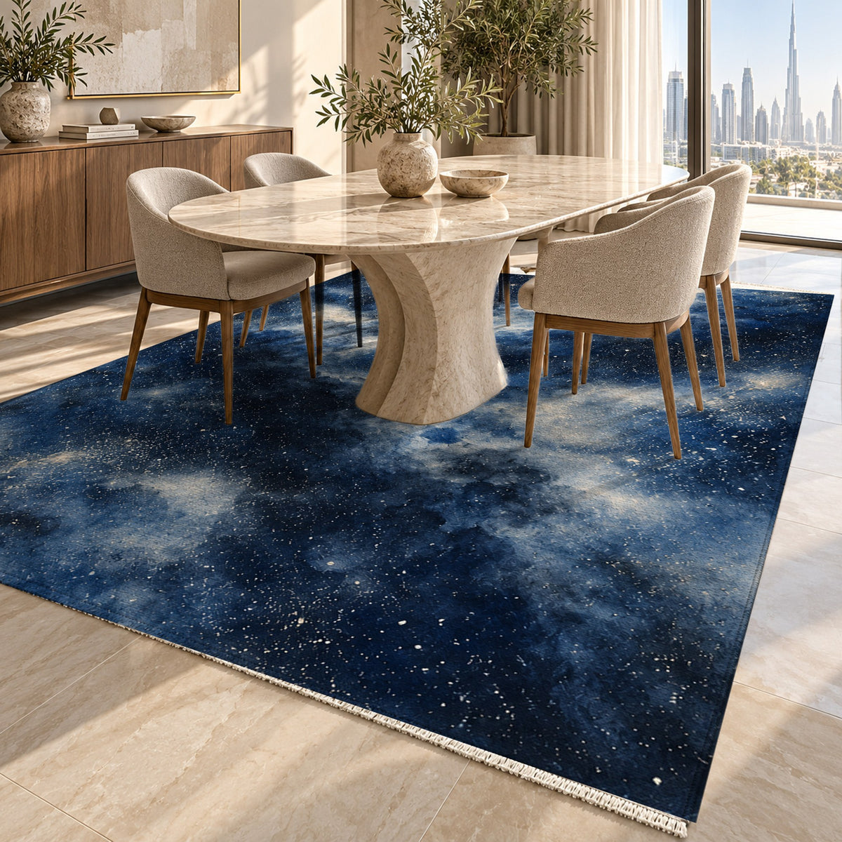 Stellar Dust Indigo Abstract Washable Rug — dubai dining