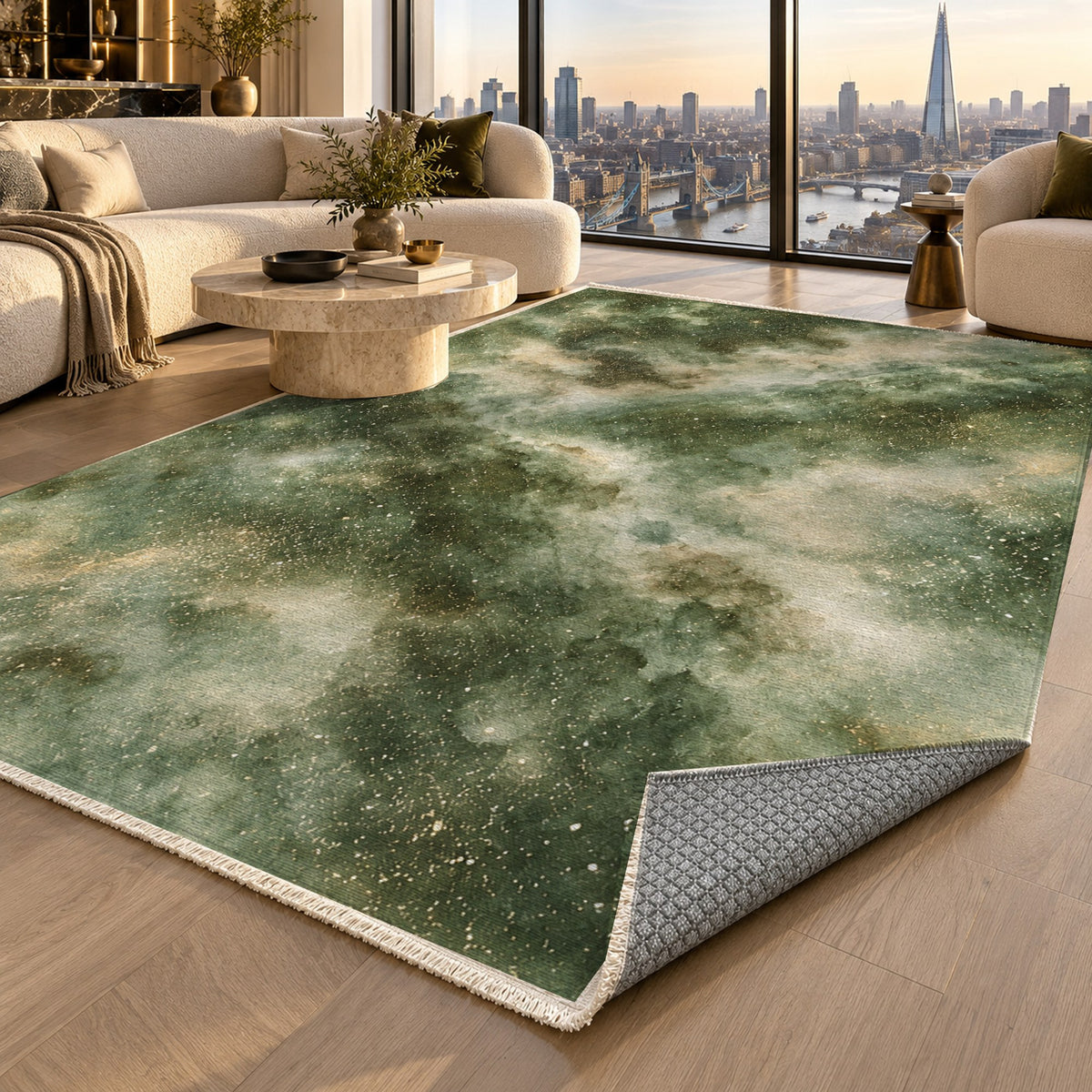 Stellar Dust Sage Abstract Washable Rug — london luxury living