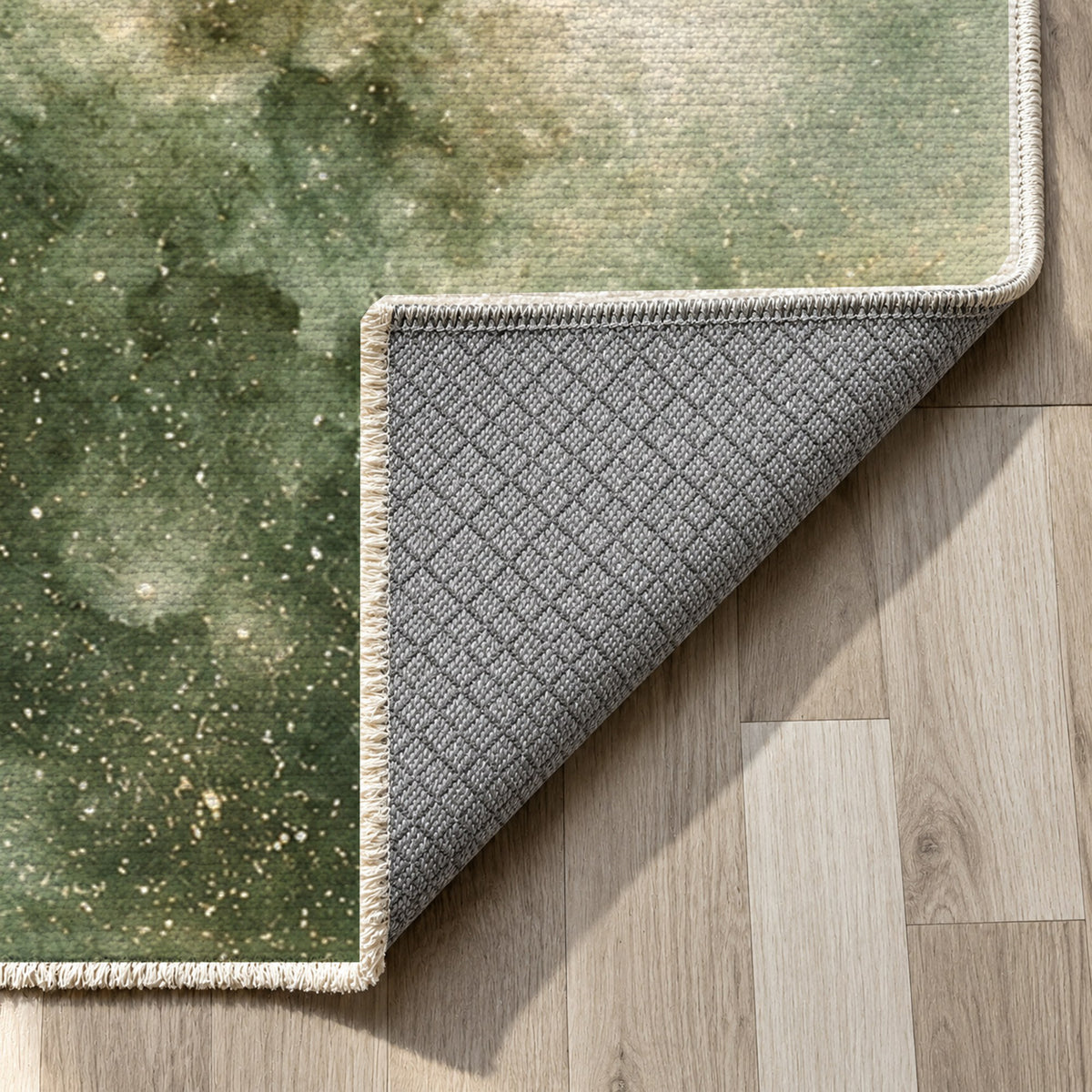 Stellar Dust Sage Abstract Washable Rug — backing close up