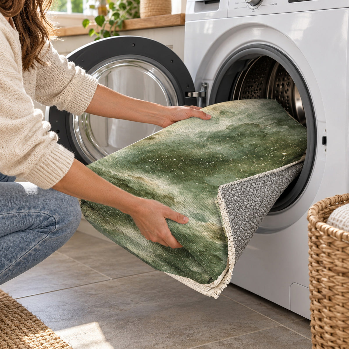 Stellar Dust Sage Abstract Washable Rug — washing machine
