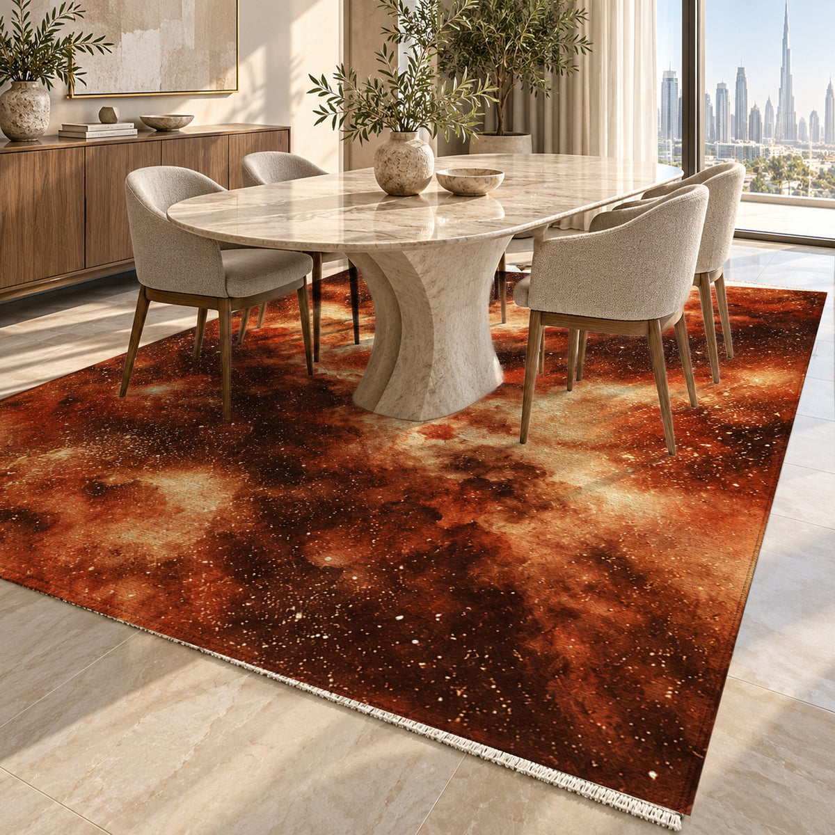 Stellar Dust Terracotta Abstract Washable Rug — dubai dining