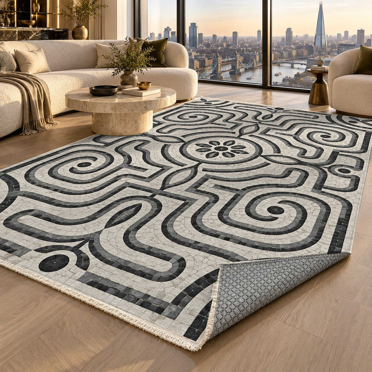 Stone Labyrinth Charcoal Geometric Washable Rug — london luxury living