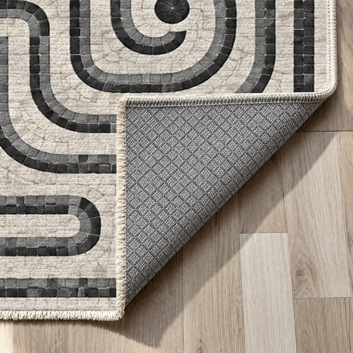 Stone Labyrinth Charcoal Geometric Washable Rug — backing close up