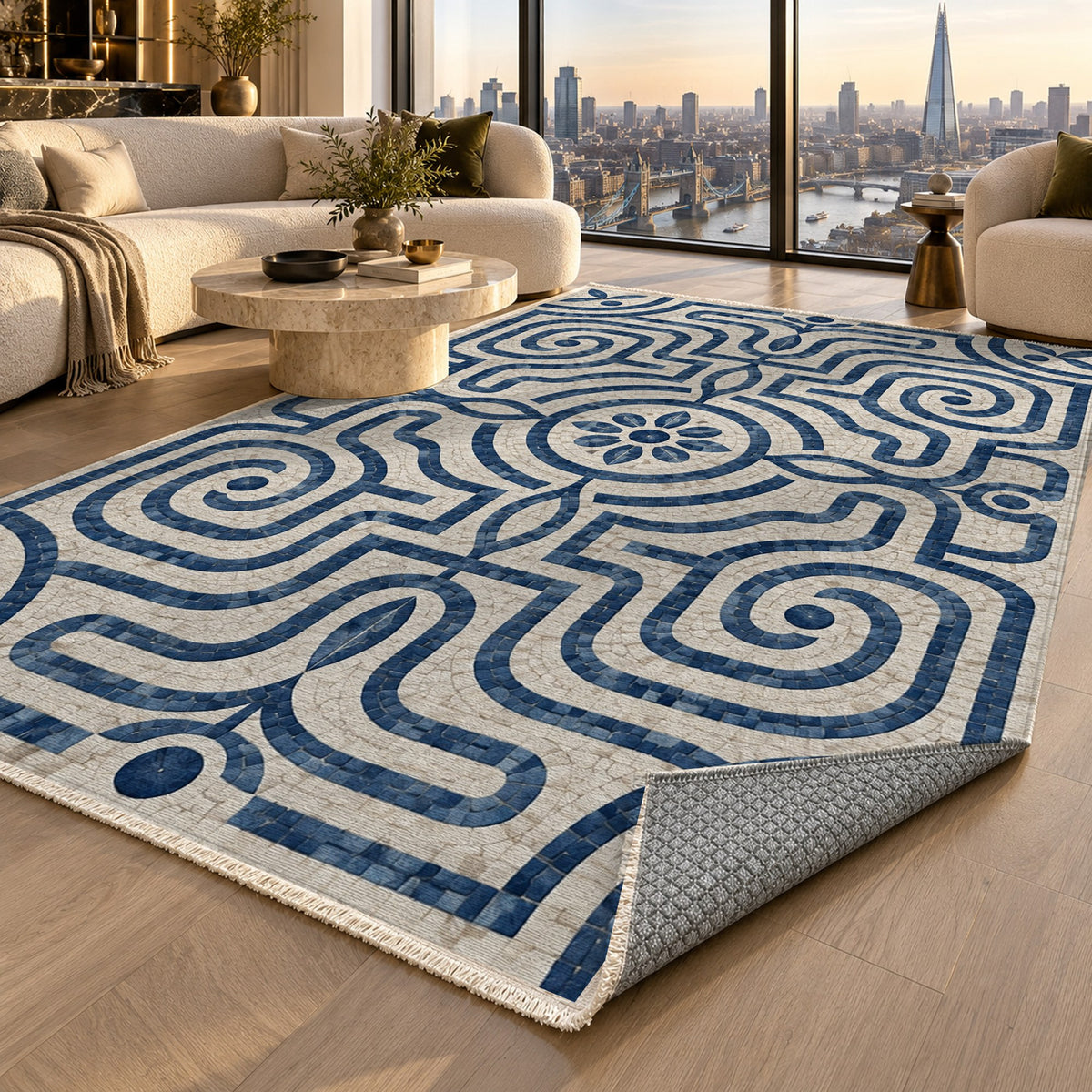 Stone Labyrinth Indigo Geometric Washable Rug — london luxury living