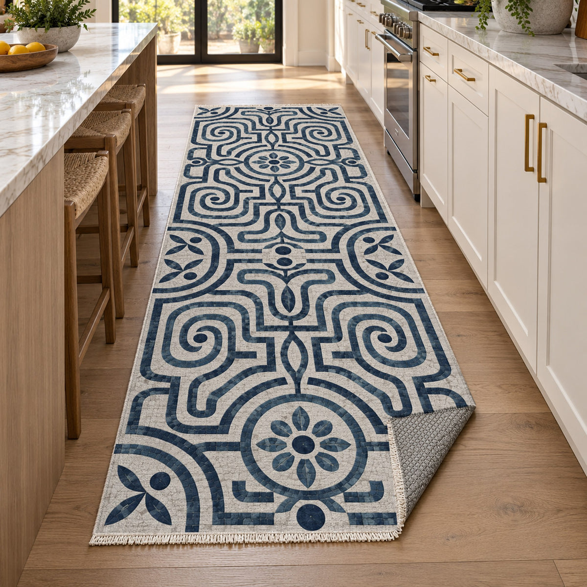 Stone Labyrinth Indigo Geometric Washable Rug — new york kitchen runner