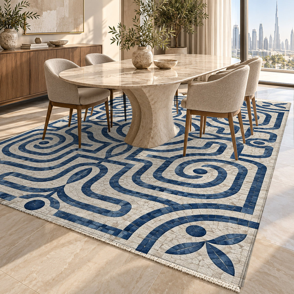 Stone Labyrinth Indigo Geometric Washable Rug — dubai dining