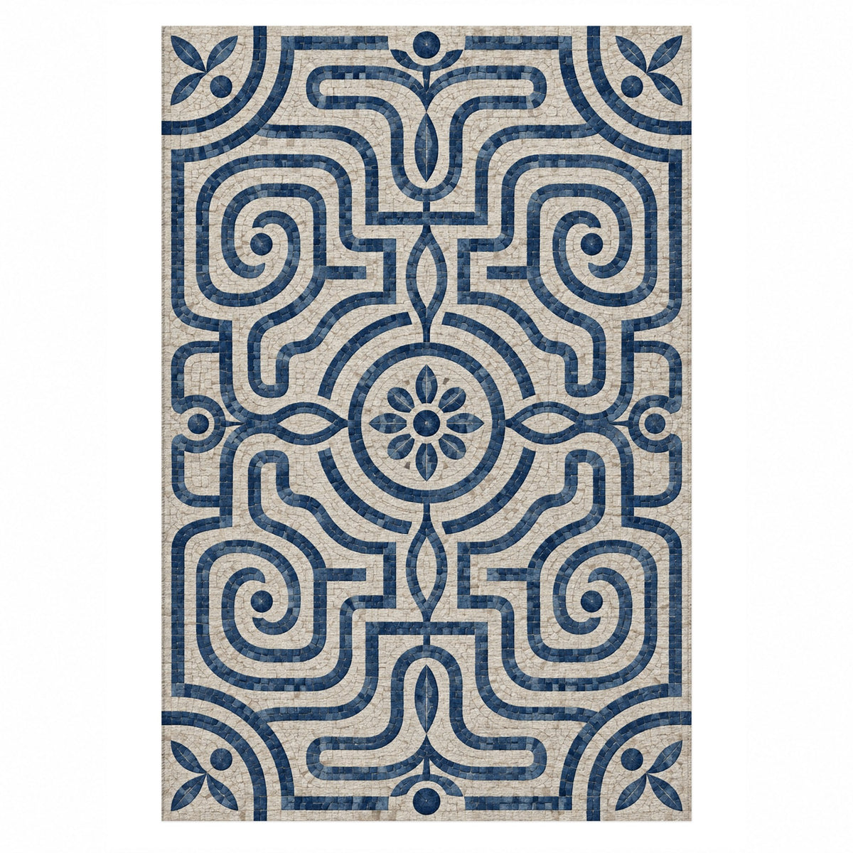 Stone Labyrinth Indigo Geometric Washable Rug — top view