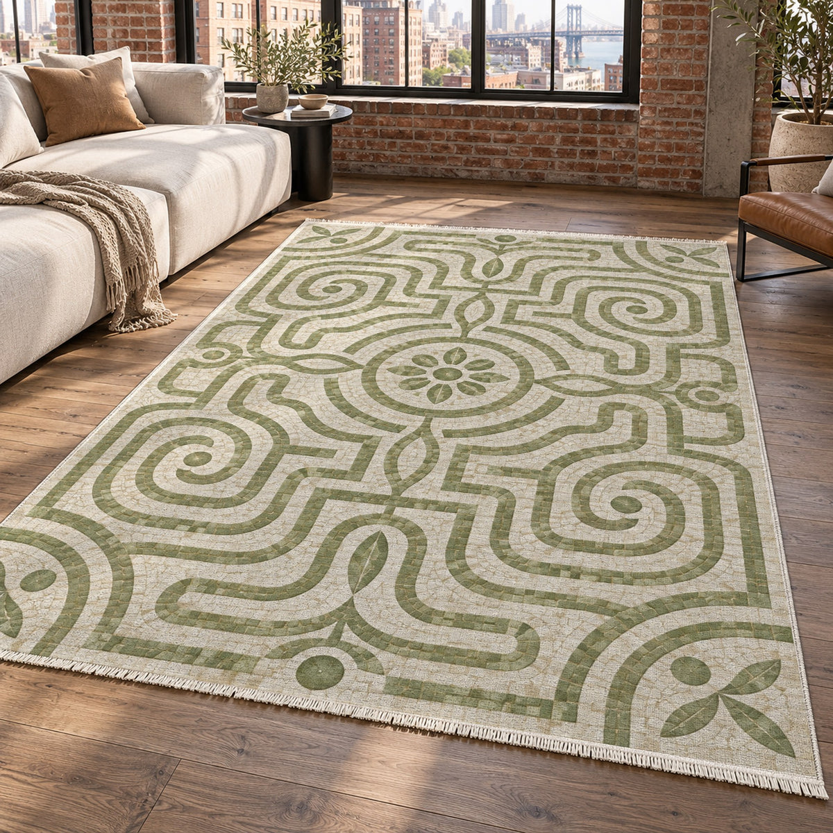 Stone Labyrinth Sage Geometric Washable Rug — new york living