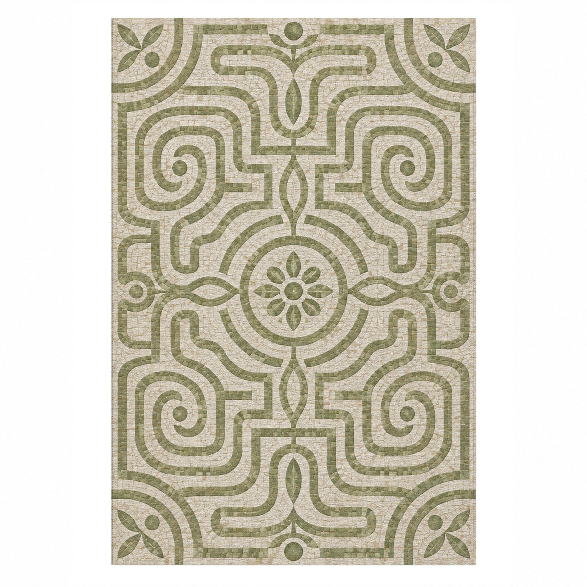 Stone Labyrinth Sage Geometric Washable Rug — top view