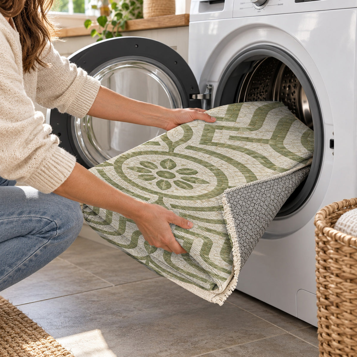 Stone Labyrinth Sage Geometric Washable Rug — washing machine