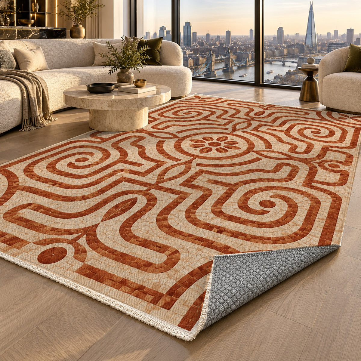 Stone Labyrinth Terracotta Geometric Washable Rug — london luxury living