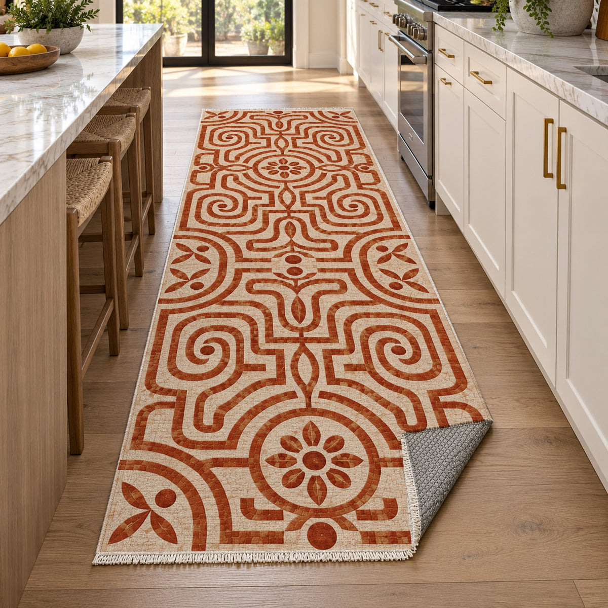 Stone Labyrinth Terracotta Geometric Washable Rug — new york kitchen runner