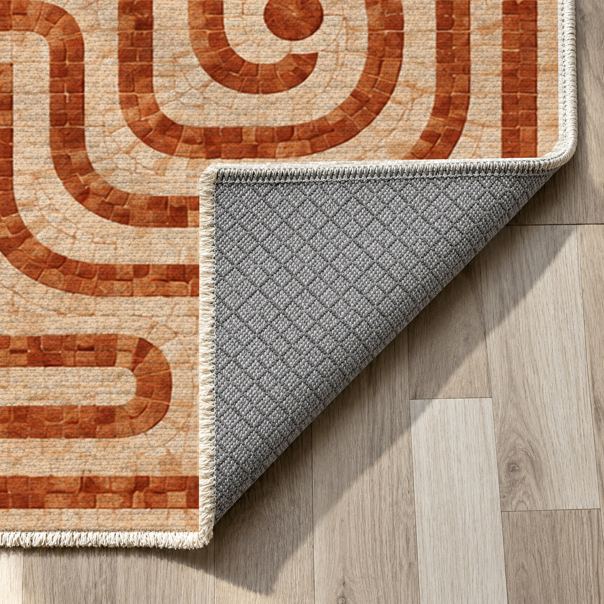 Stone Labyrinth Terracotta Geometric Washable Rug — backing close up