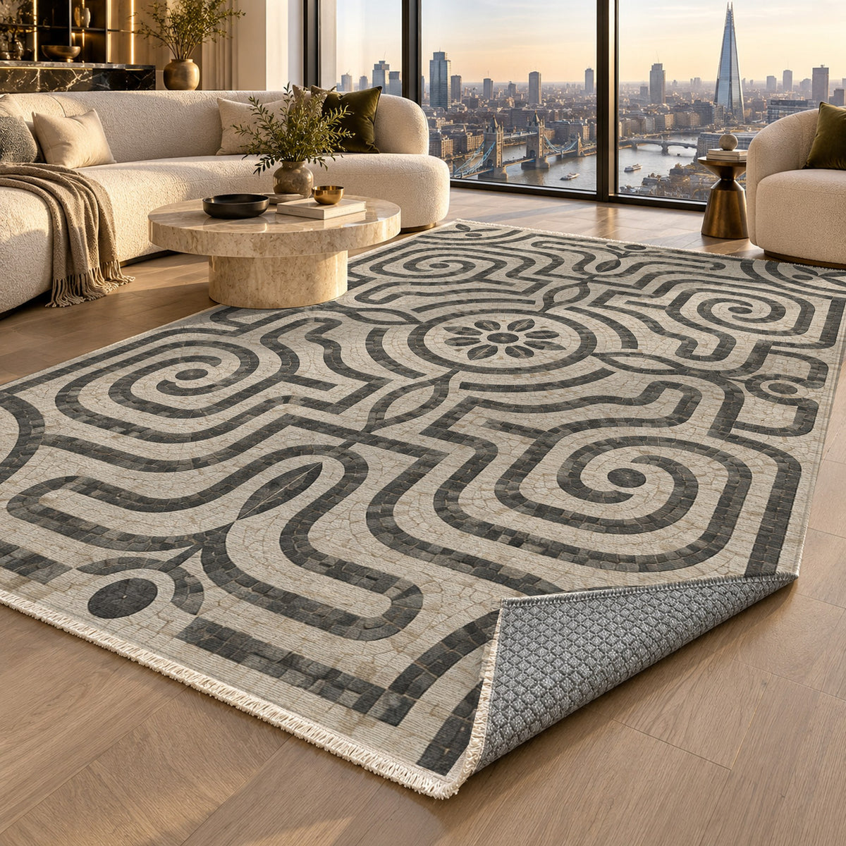 Stone Labyrinth Geometric Washable Rug — london luxury living