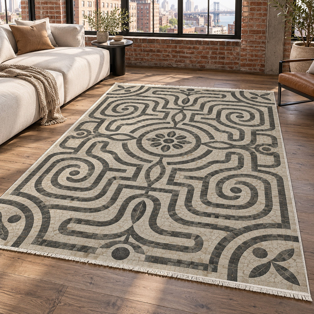 Stone Labyrinth Geometric Washable Rug — new york living