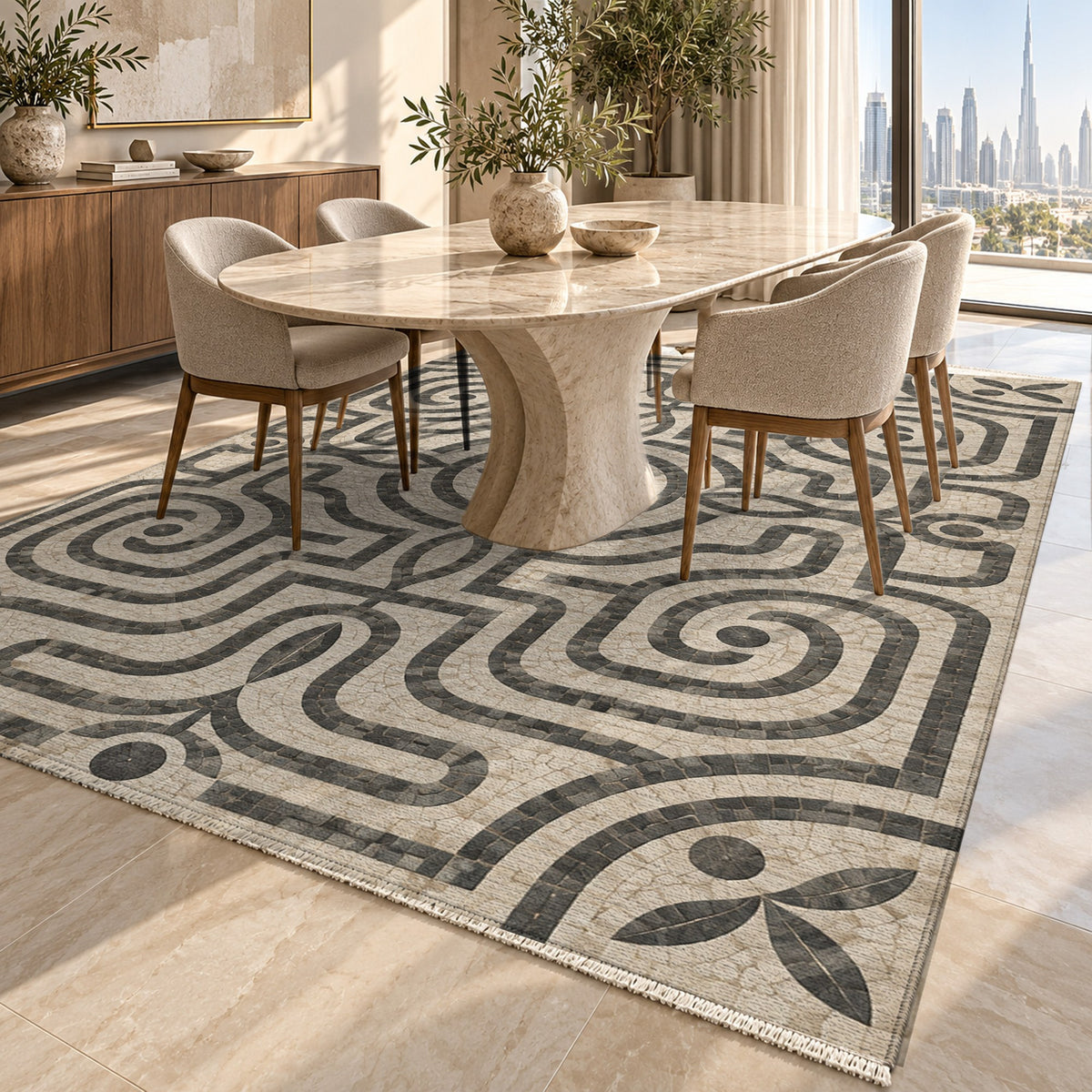 Stone Labyrinth Geometric Washable Rug — dubai dining