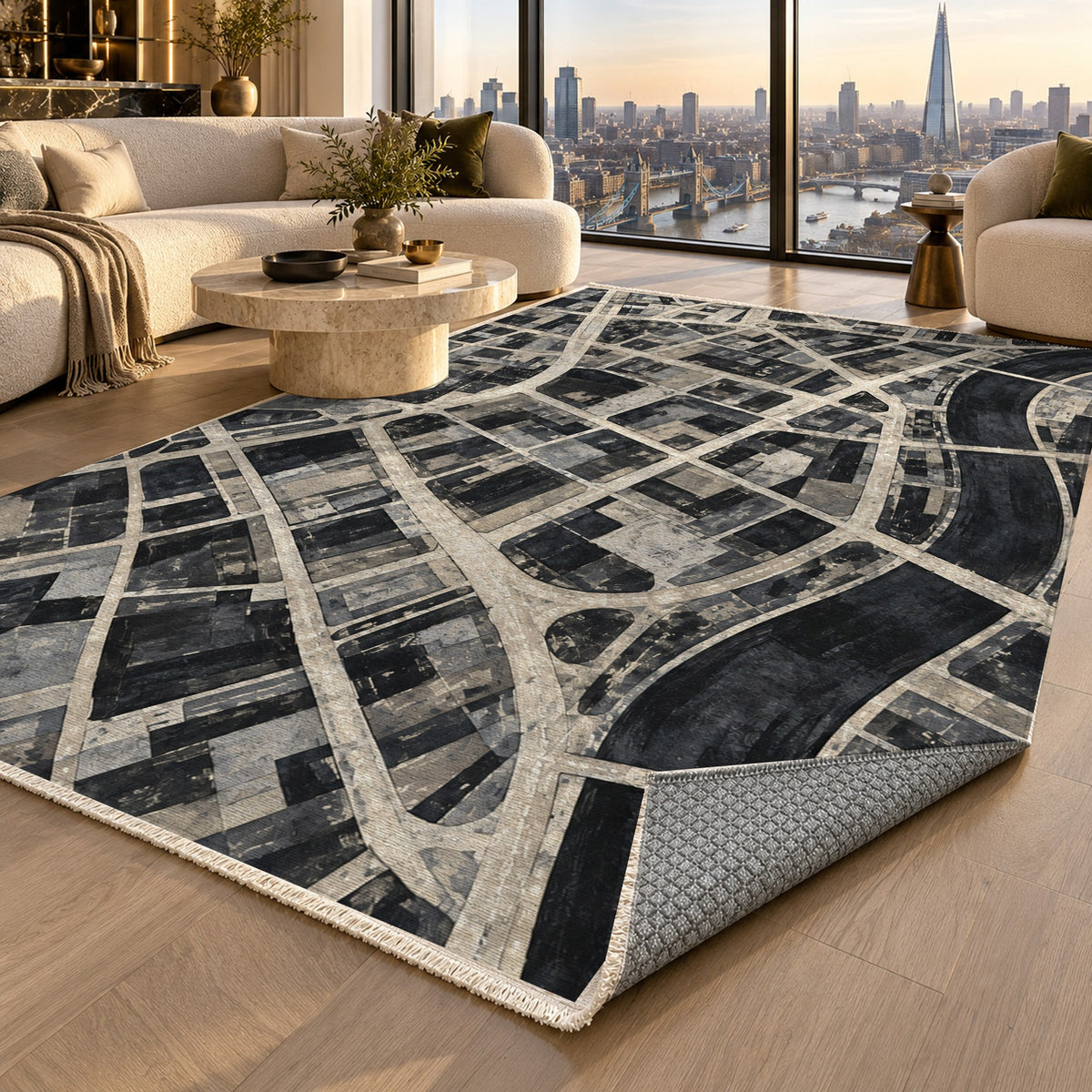 Street Grid Charcoal Modern Washable Rug — london luxury living