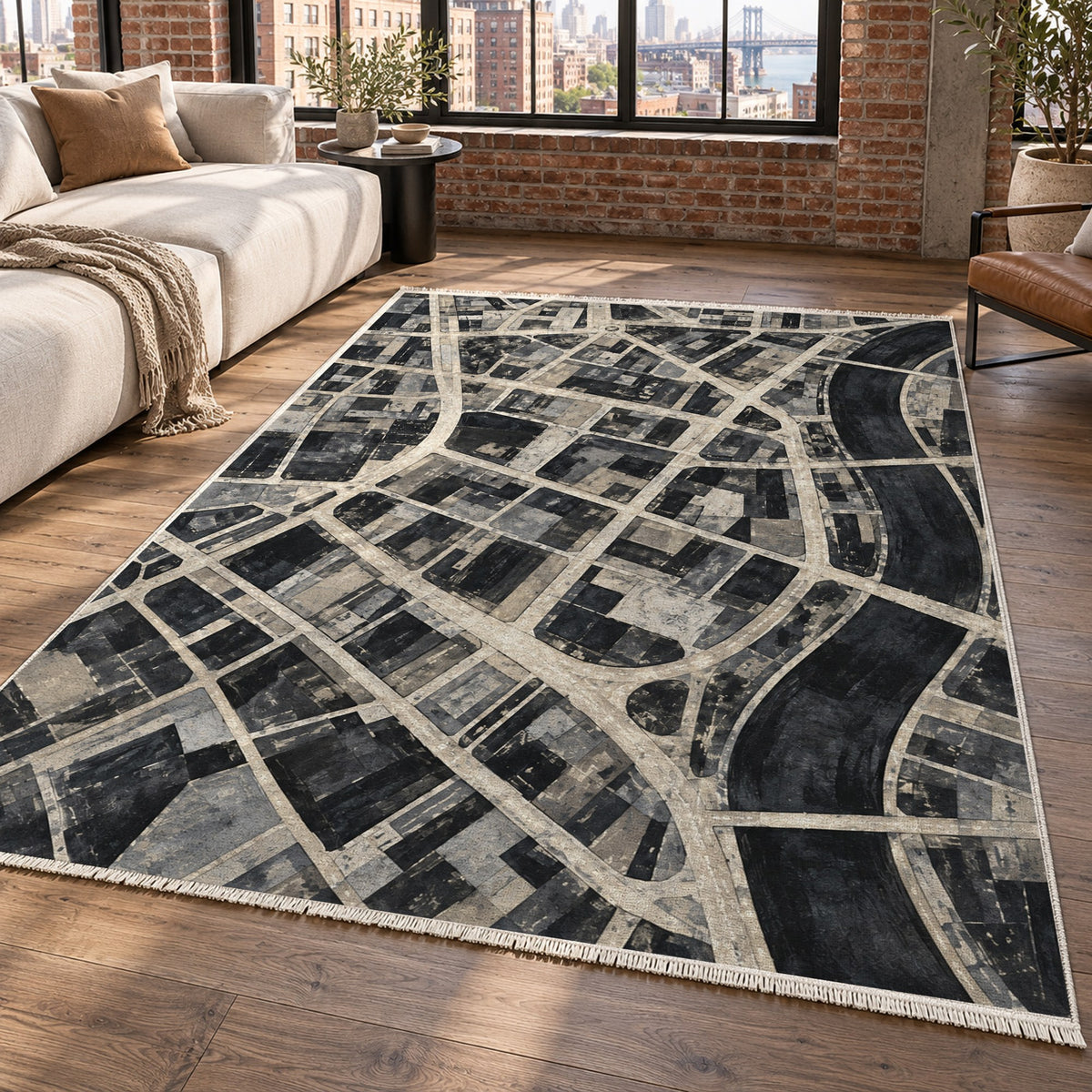 Street Grid Charcoal Modern Washable Rug — new york living
