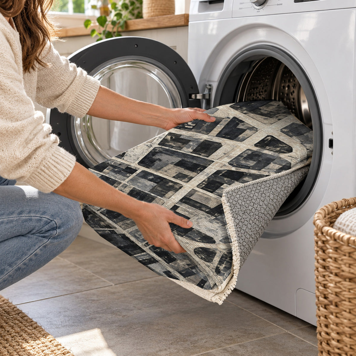 Street Grid Charcoal Modern Washable Rug — washing machine