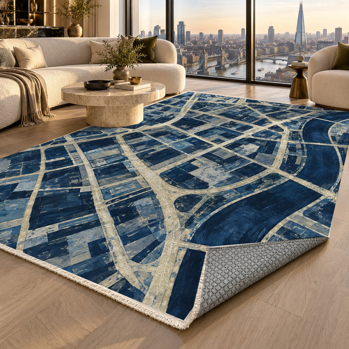 Street Grid Indigo Modern Washable Rug — london luxury living