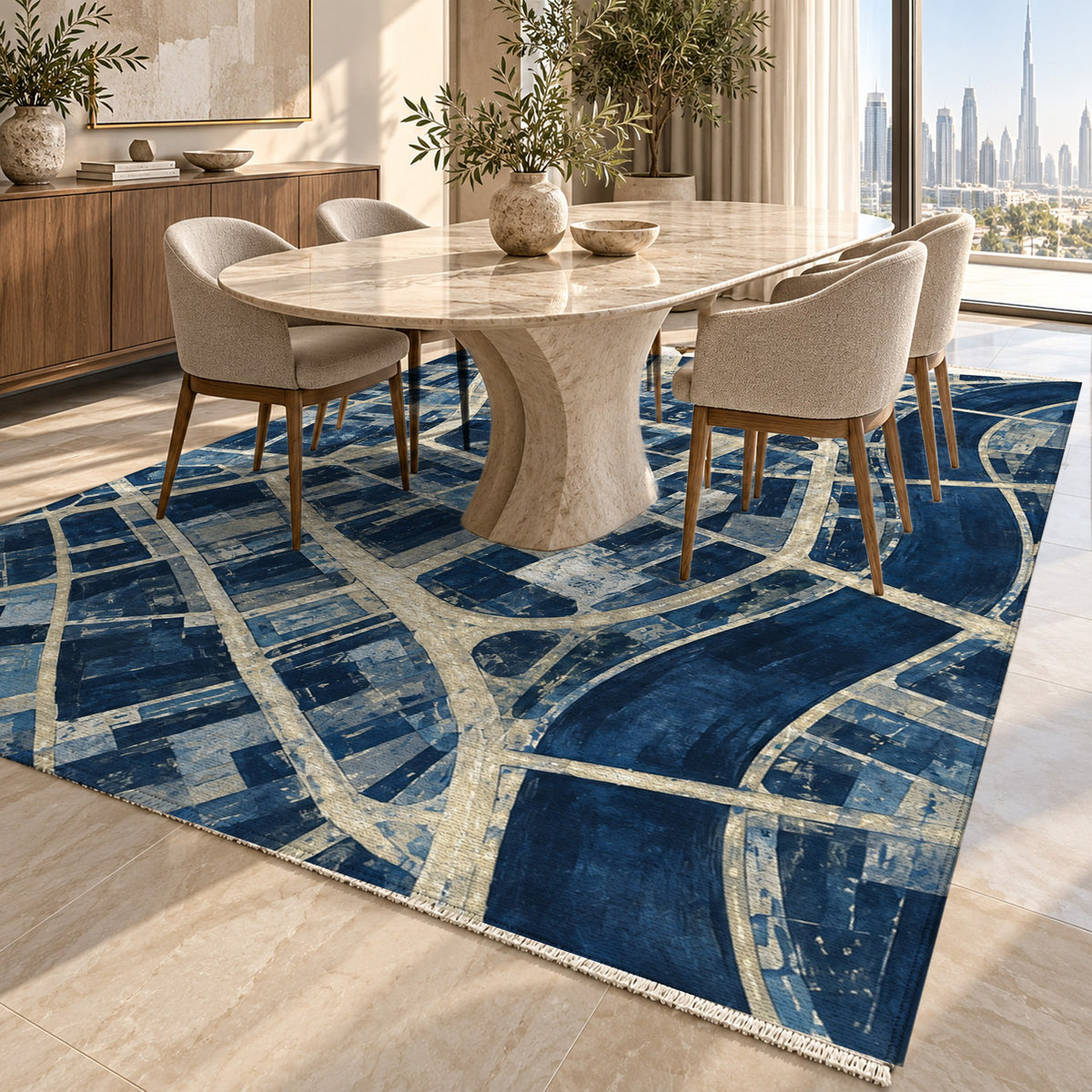 Street Grid Indigo Modern Washable Rug — dubai dining