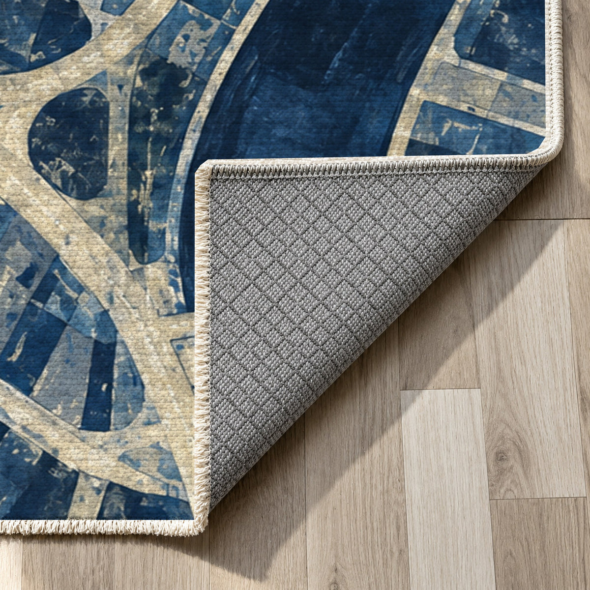 Street Grid Indigo Modern Washable Rug — backing close up