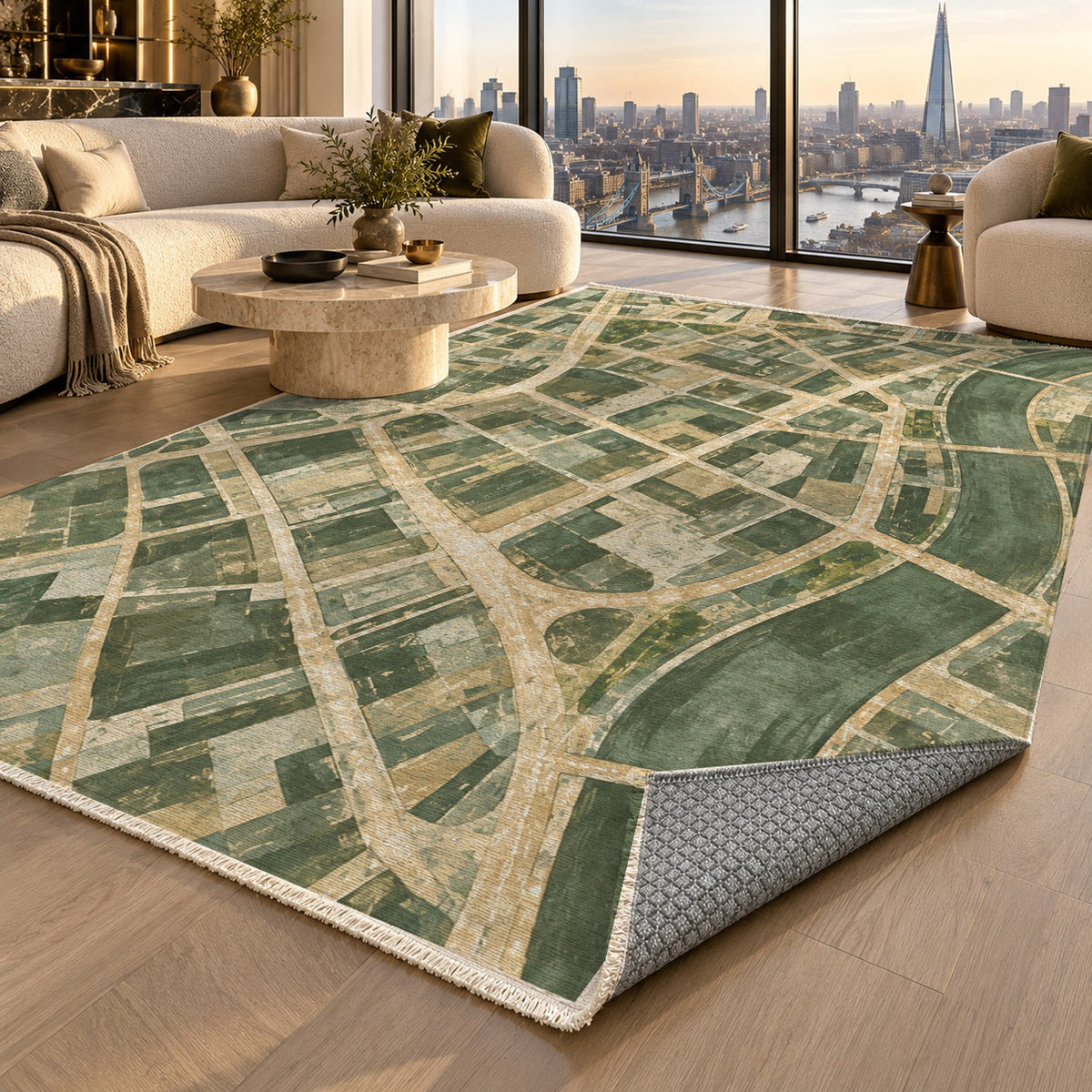 Street Grid Sage Modern Washable Rug — london luxury living