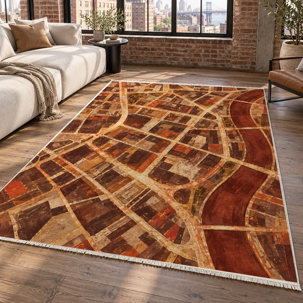 Street Grid Terracotta Modern Washable Rug — new york living