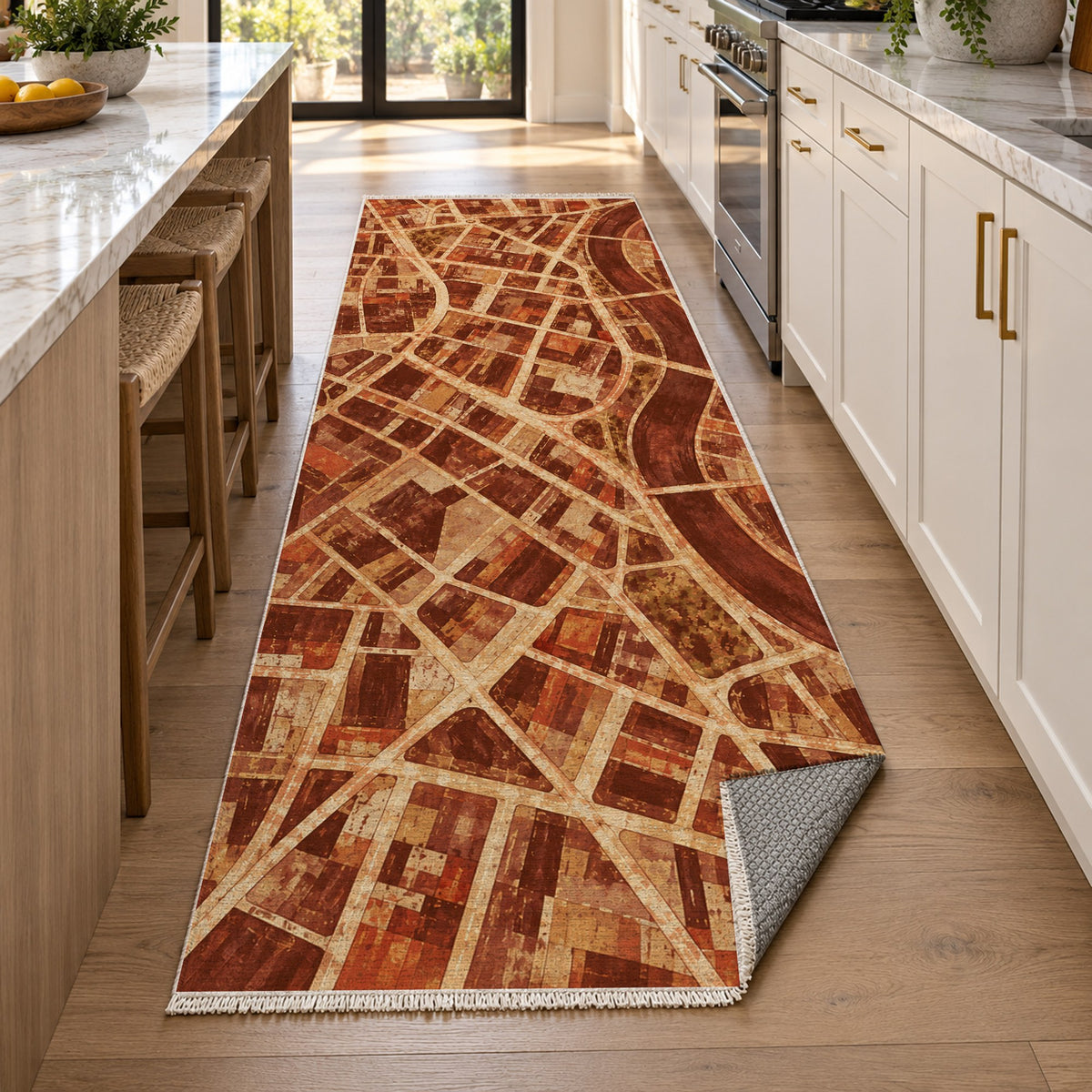 Street Grid Terracotta Modern Washable Rug — new york kitchen runner